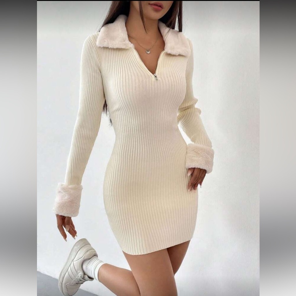 SHEIN EZwear Borg Collar Quarter Zip Bodycon Sweater Dress